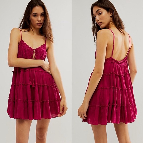 Free People Sunsetter Mini‎ Slip Dress Tiered Lace Trim Embroidered Summer Small - Picture 1 of 13